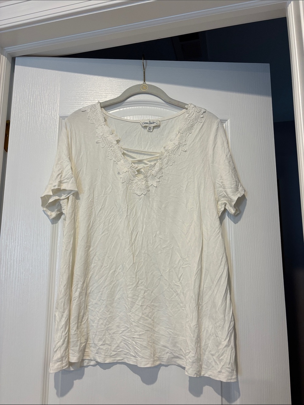 Lace Trim V-Neck Short Sleeve Top - White